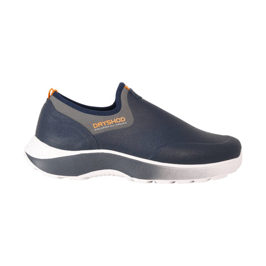 Navy slip-on waterproof shoe with orange pull loops and a white and gray cushioned sole