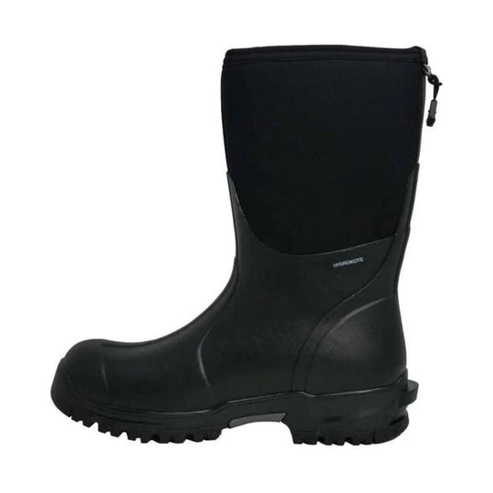 Black pull-on knee-high rubber boot with thick lug sole and side pull tab