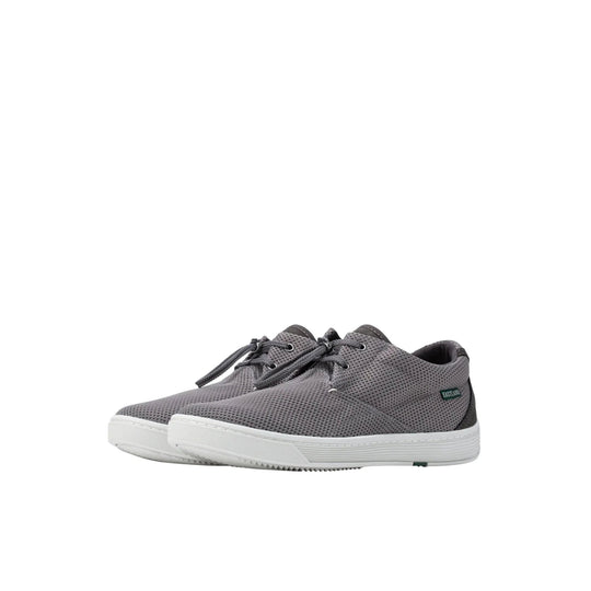 Pair of gray mesh lace-up sneakers with white rubber soles