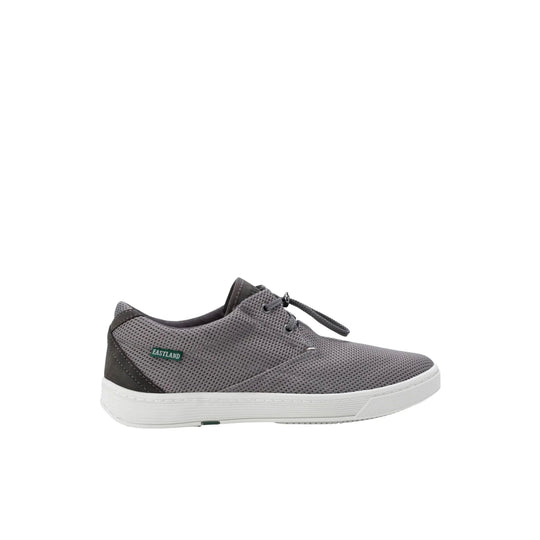 Gray mesh low-top sneaker with white sole and dark heel trim