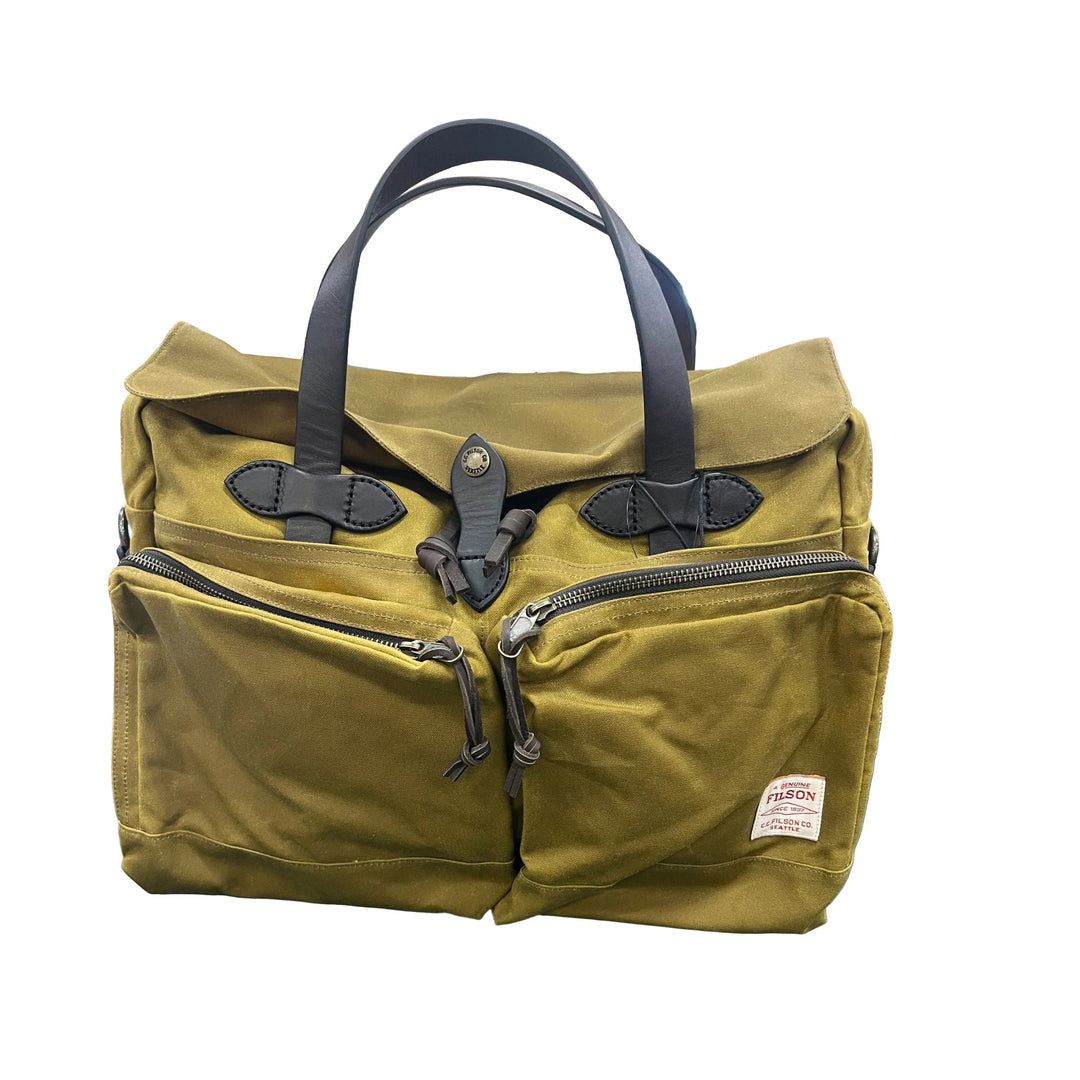 Olive canvas briefcase with black leather handles, front flap closures, and zippered front pockets