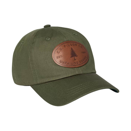 Olive baseball cap with curved brim and leather front patch