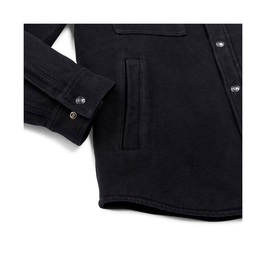 Black button-front shirt jacket with chest pocket and snap cuffs