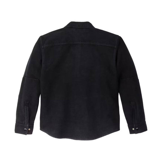 Black long-sleeve shirt jacket shown from the back with a collar and button cuffs