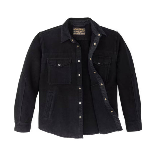 Black button-up shirt jacket with chest pockets and elbow patches, front view