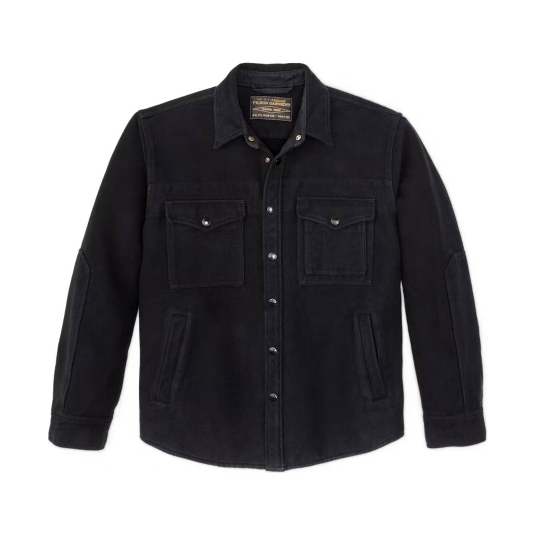 Black long-sleeve button-up overshirt with two chest flap pockets and welt hand pockets
