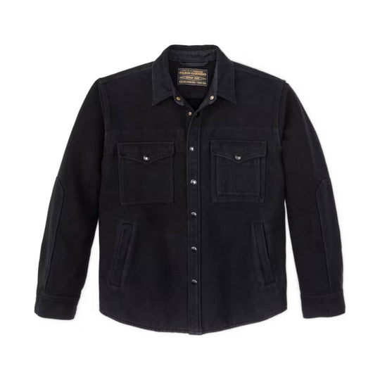 Black long-sleeve button-up overshirt with two chest flap pockets and welt hand pockets