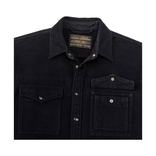 Black long-sleeve button-up shirt with two front flap pockets and a collar