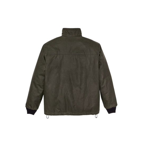 Dark olive insulated jacket shown from the back with a high collar, ribbed cuffs, and a straight hem