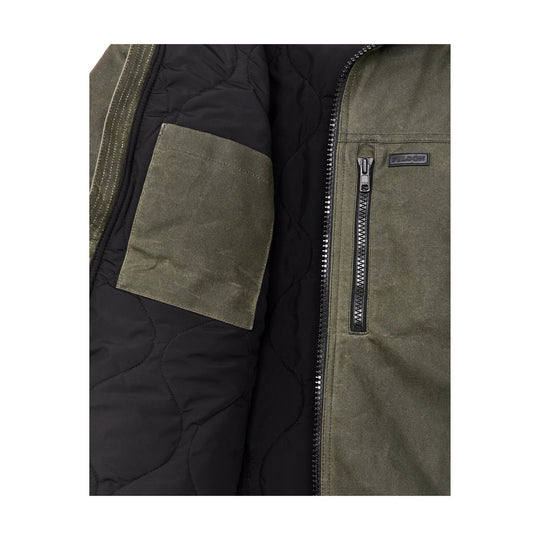 Olive insulated jacket interior with black quilted lining, zip front, and chest pocket labeled FILSON