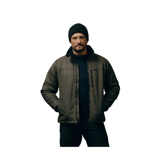 Dark zip-front jacket with stand collar, chest pocket, and hand pockets
