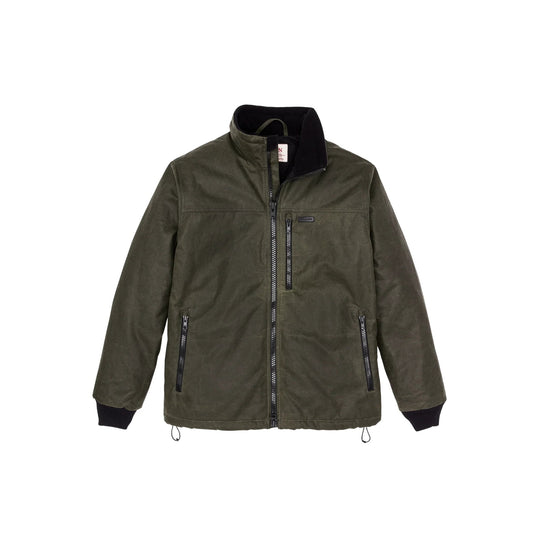 Olive green zip-front jacket with black collar, cuffs, and pocket zippers