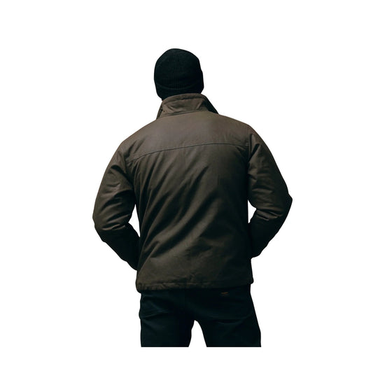 Dark hooded jacket shown from the back, worn with black pants and a black knit beanie