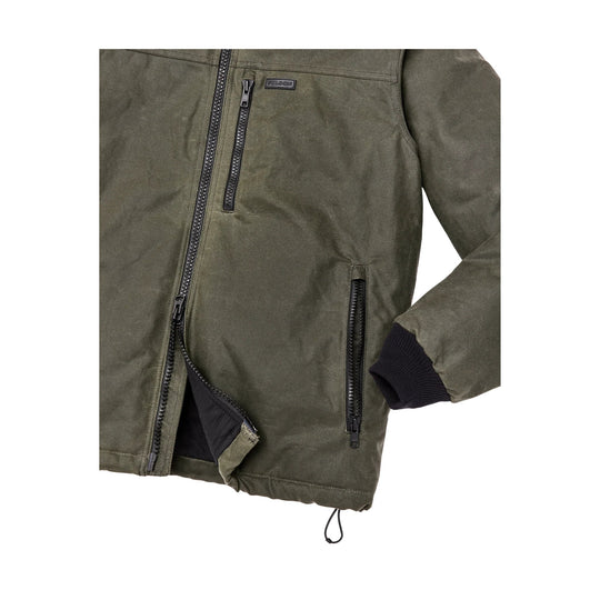 Olive-green hooded jacket with front zippers, chest logo patch, and ribbed cuff