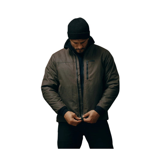 Man wearing an olive-brown zip-front jacket with black collar and knit beanie