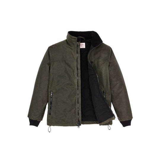 Olive green zip-front jacket with black quilted lining and ribbed cuffs