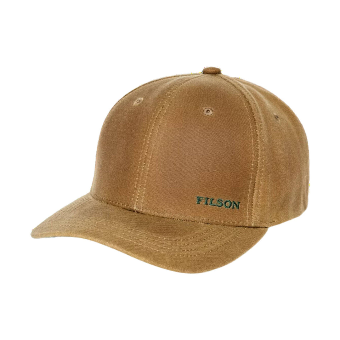 Tan baseball cap with a curved brim and small embroidered FILSON logo on the front