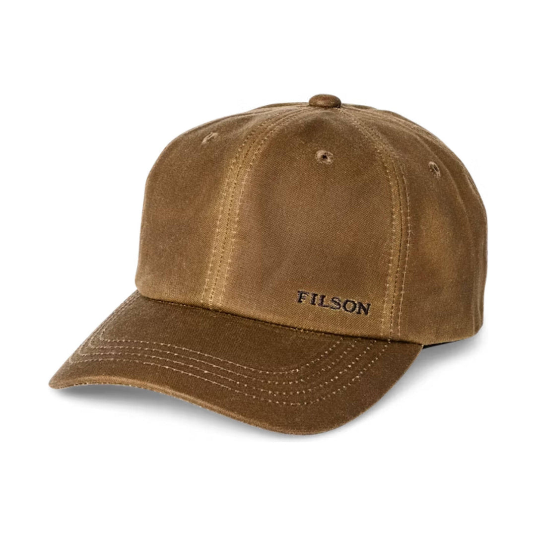 Brown canvas baseball cap with a curved brim and embroidered FILSON logo