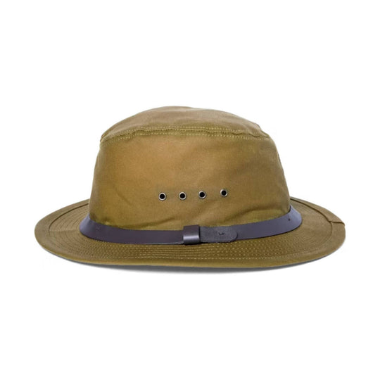 Tan wide-brim hat with a round crown and leather band