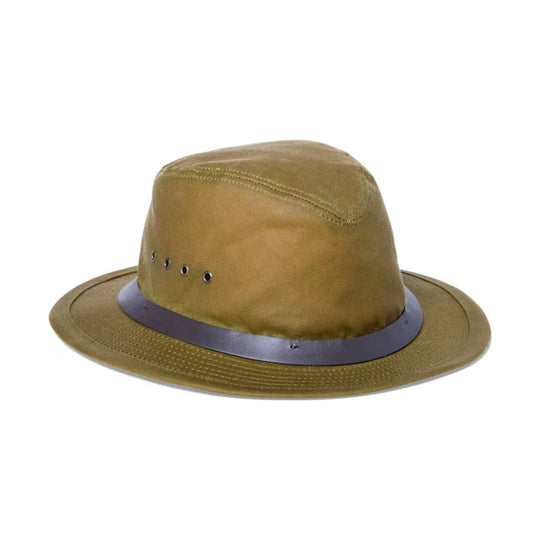 Olive wide-brim hat with a flat crown and metal eyelets