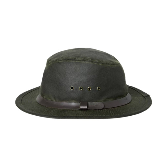 Dark green wide-brim hat with a round crown and leather band
