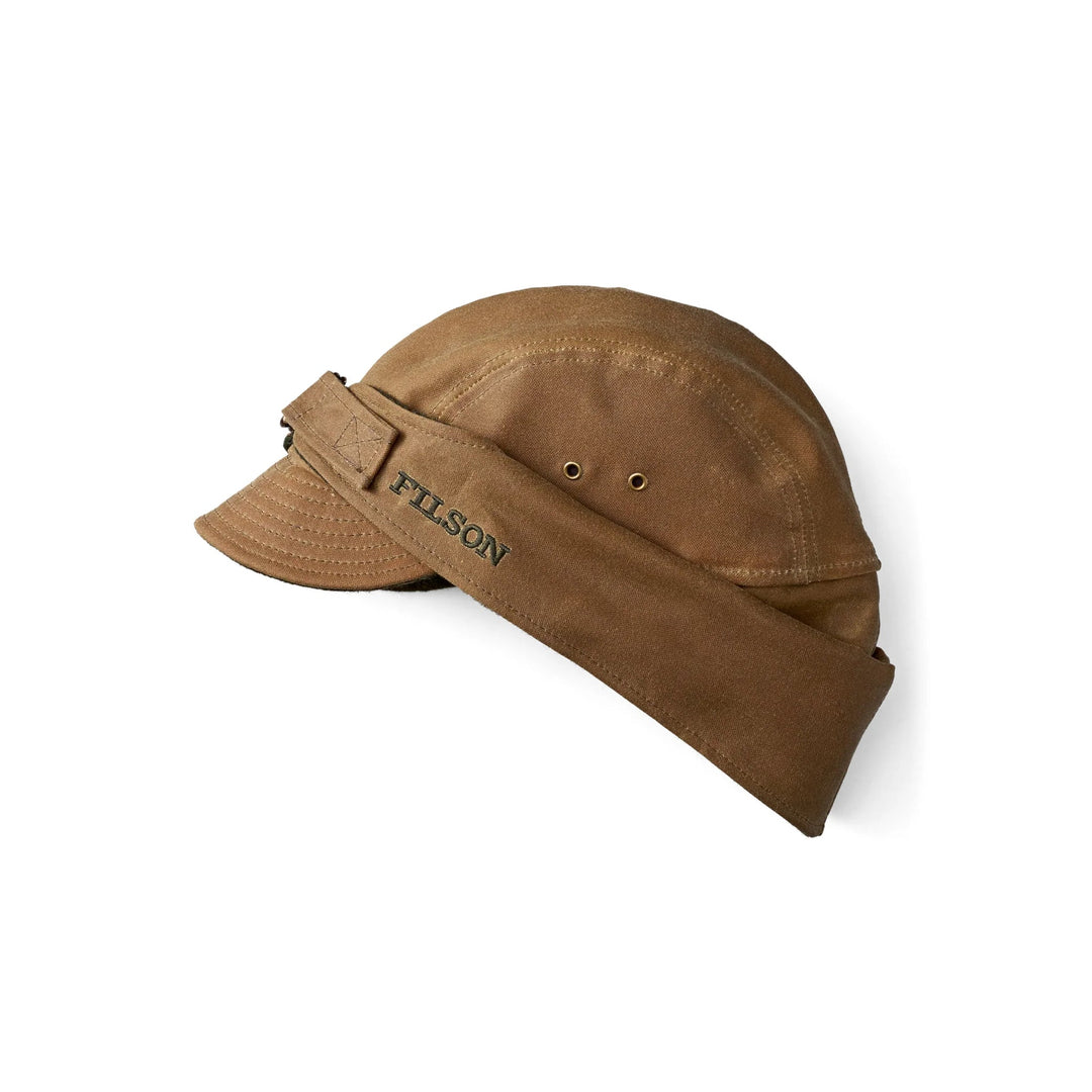 Brown canvas brimmed hat with a folded ear-cover panel and embroidered FILSON logo