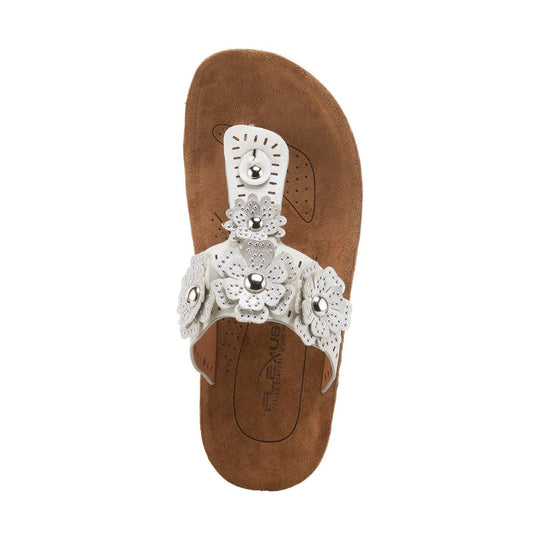 White thong sandal with floral bead embellishments and a tan footbed