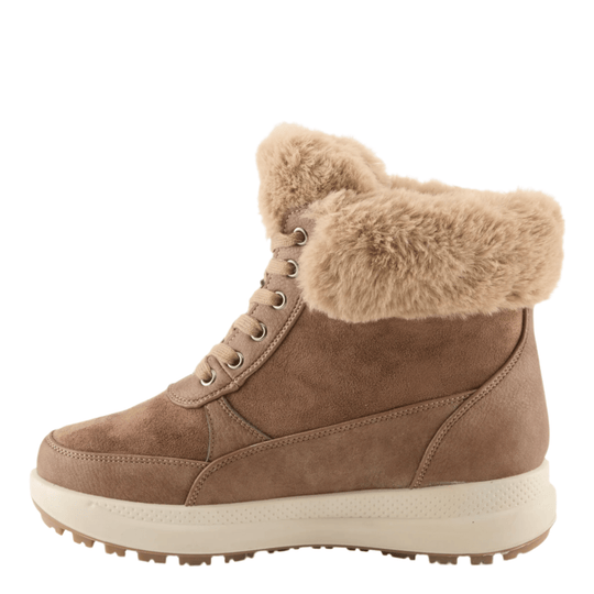Light brown faux-fur lined winter boot with lace-up front and cream outsole