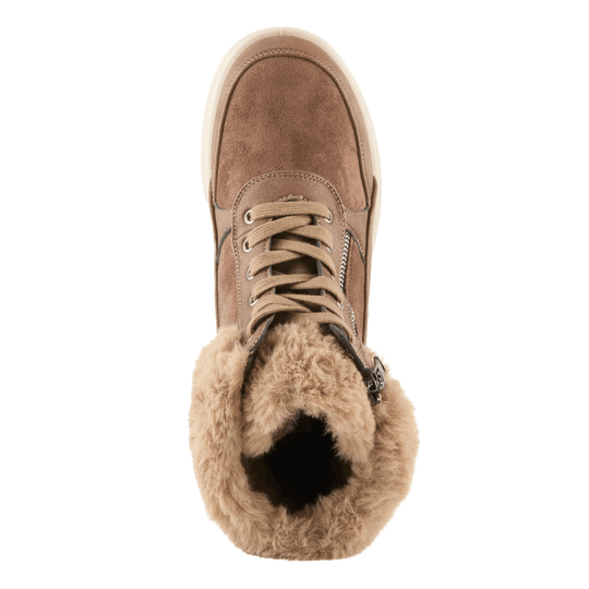 Light brown suede winter boot with faux fur lining, front laces, and a side zipper