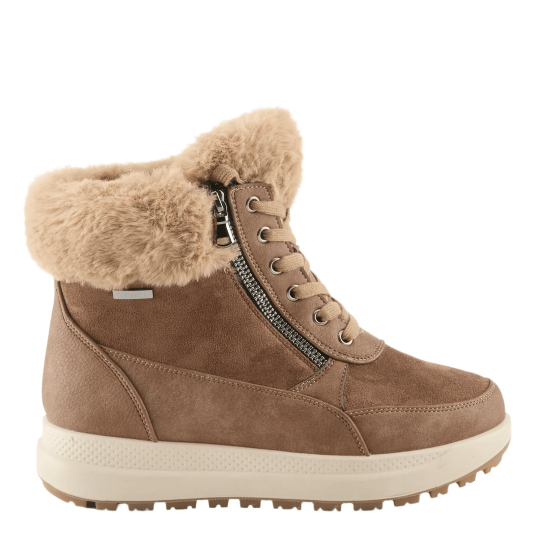 Light brown winter boot with faux fur cuff, side zipper, and beige laces on a cream sole