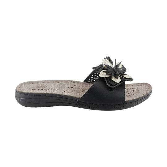 Black slide sandal with a floral upper and textured footbed