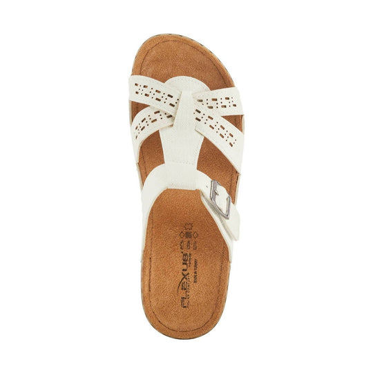 White woven slide sandal with a tan cork footbed and silver buckle