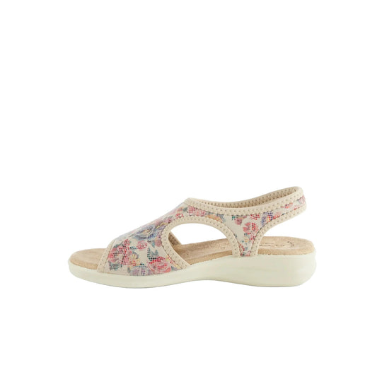 Floral fabric wedge sandal with cutout sides and a white platform sole