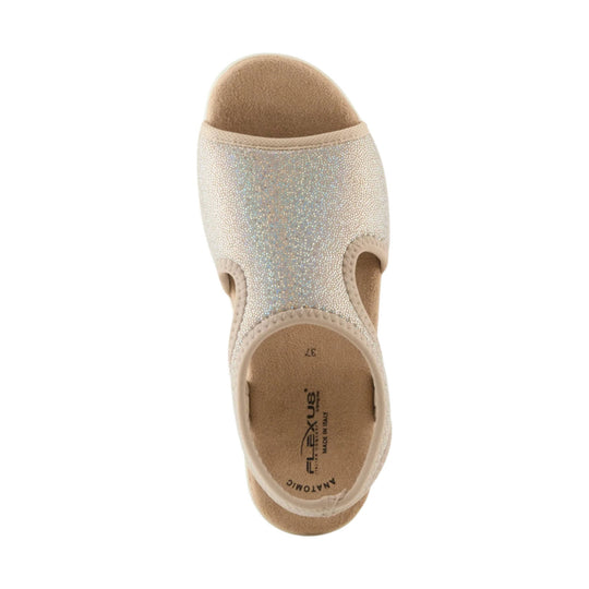 Beige slip-on closed-toe sandal with iridescent speckled upper and side cutouts