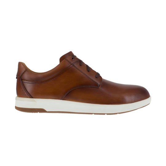 Brown leather lace-up work shoe with a white and tan sole, shown in side view