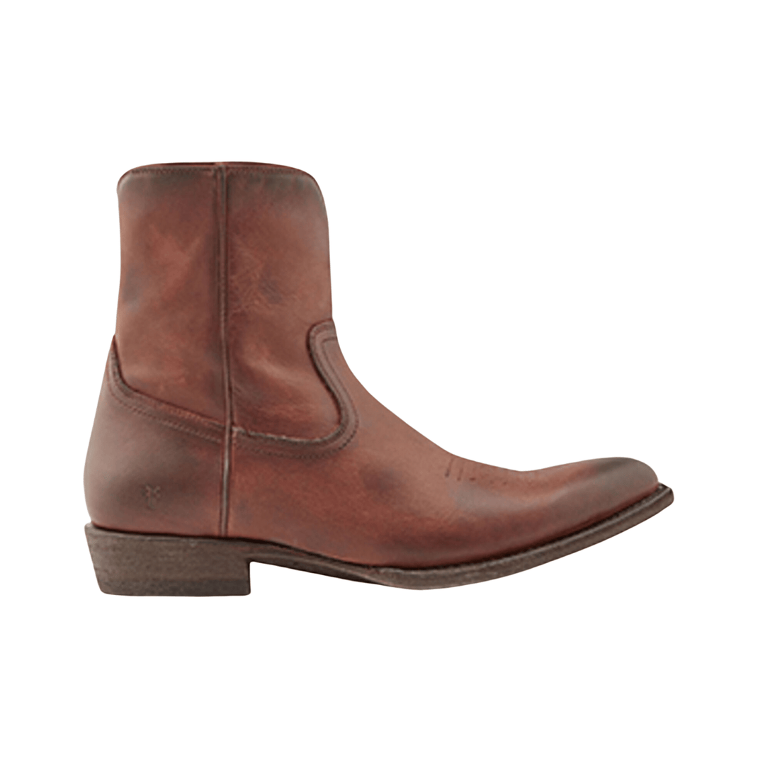 Brown leather ankle boot with a pointed toe and low block heel, side view