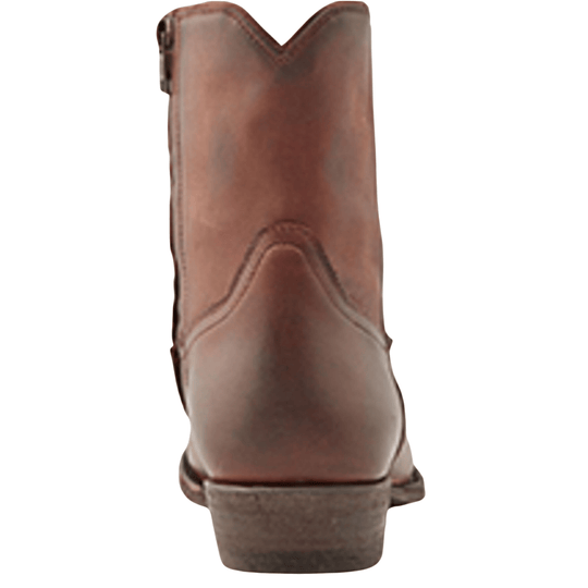 Brown leather ankle boot seen from the back