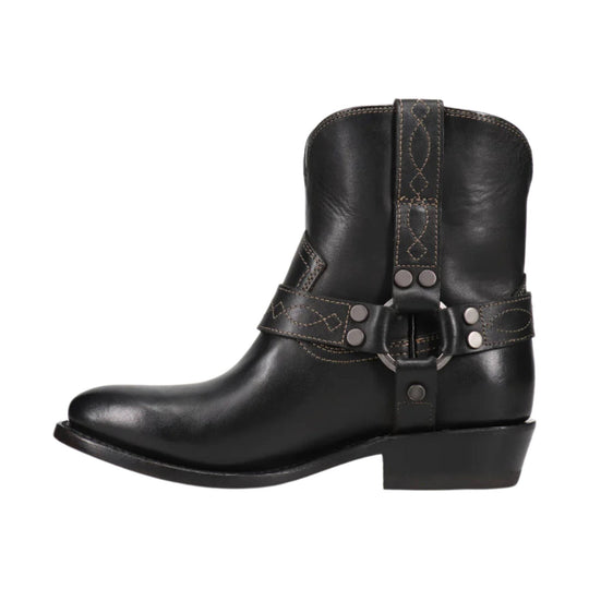 Black leather mid-calf boot with a harness strap, buckle detail, and low block heel, side view