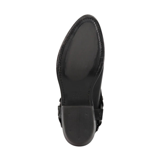 Black leather boot sole with rounded toe and low stacked heel, shown from the bottom