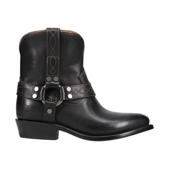 Black ankle boot with harness strap, metal studs, and low heel, side view