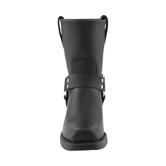 Black tall boot with a buckle strap across the shaft, front view