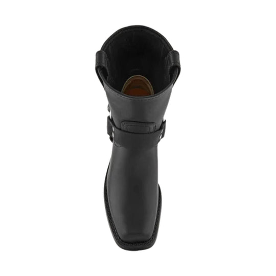 Black leather mid-calf boot viewed from above