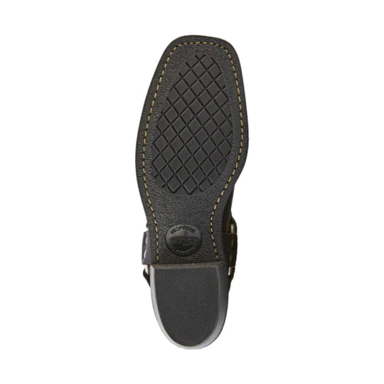 Black boot sole with diamond tread and stitched welt, shown from below
