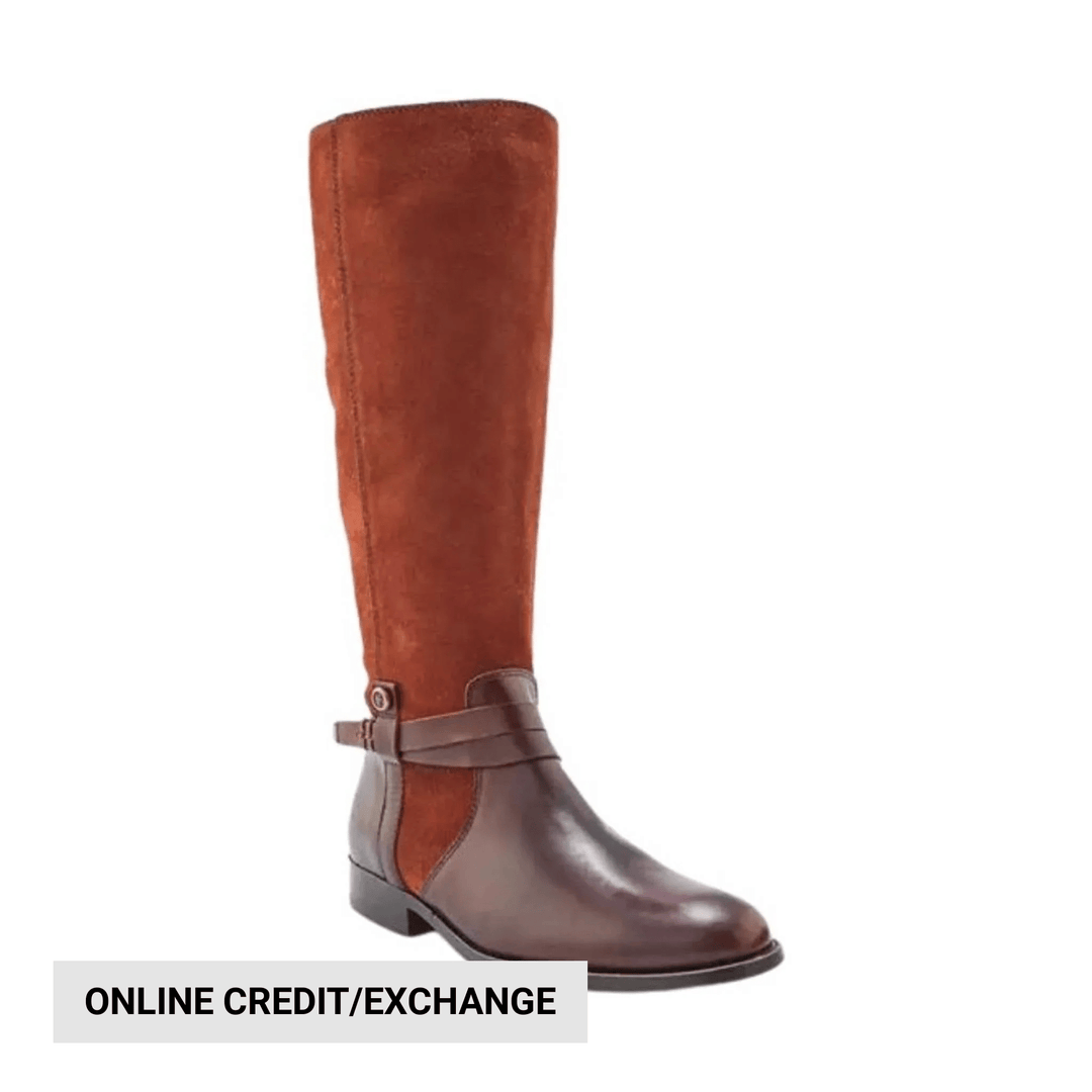 Tall brown riding boot with a dark toe and ankle strap