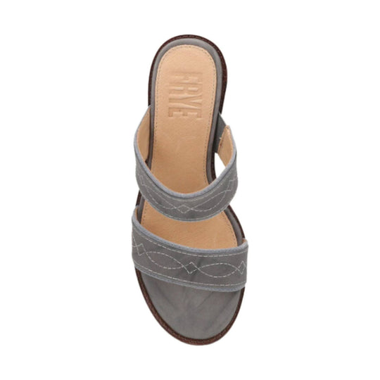 Gray two-band platform sandal with a tan footbed and visible stitched detailing