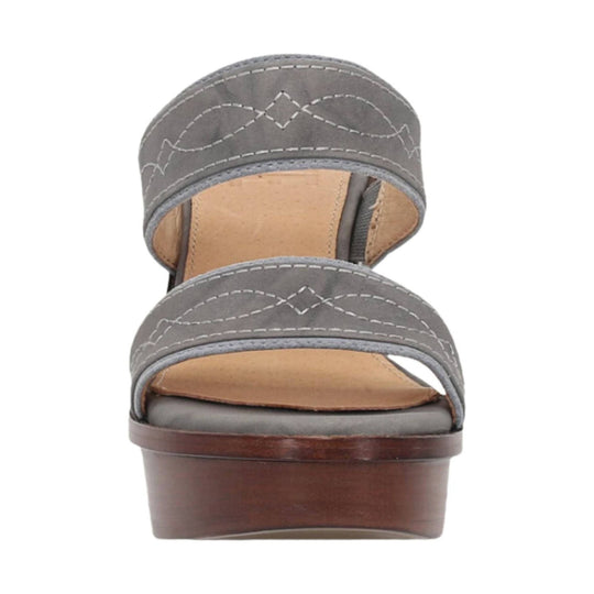 Gray two-band platform sandal with tan footbed and brown wedge heel, front view