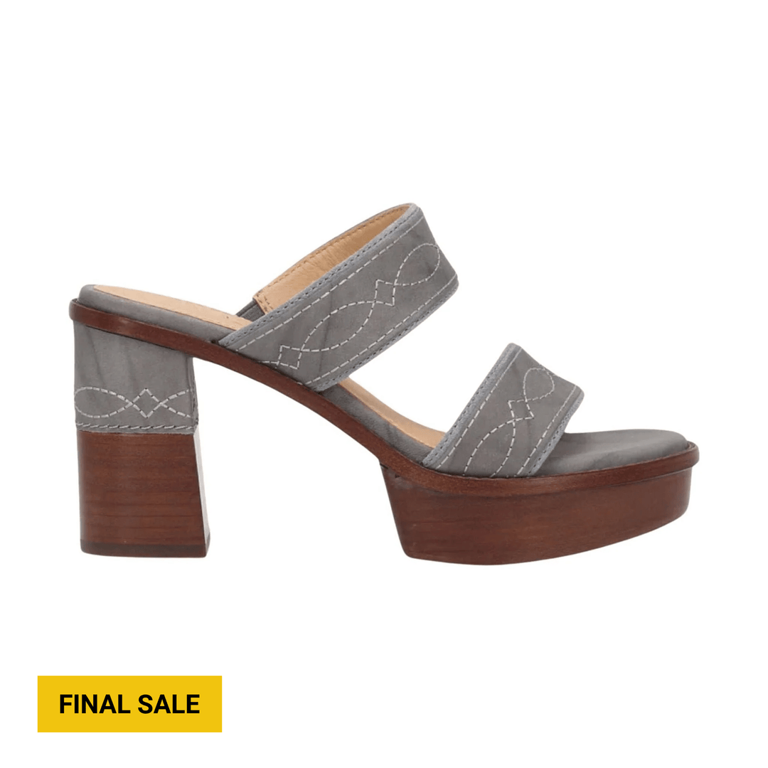 Gray suede two-band platform mule sandal with a wood block heel