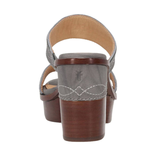 Grey and brown heeled platform sandal viewed from the back