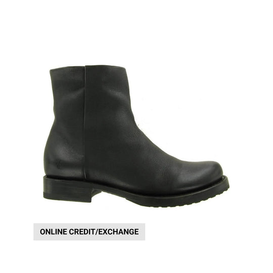 Black ankle boot with a side zip and low block heel, shown in side profile