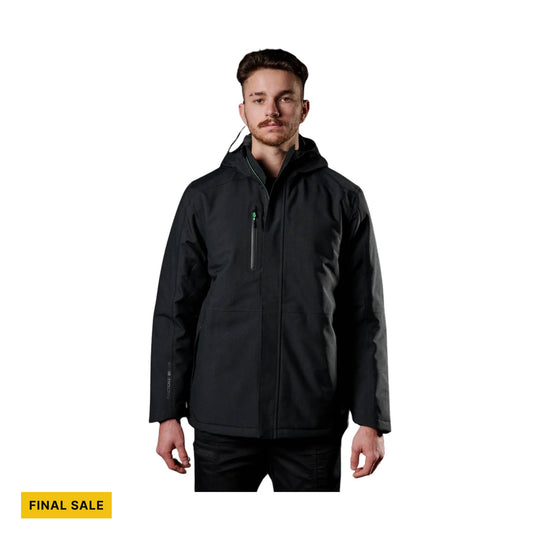 Black hooded zip-front jacket with a chest pocket and long sleeves, shown on a model, with a "FINAL SALE" label.